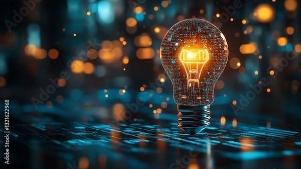 Obraz An illuminated light bulb representing innovation, surrounded by creative symbols like coding brackets, algorithms, and digital screens, glowing brightly on a hightech platform