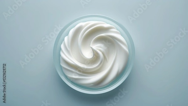 Fototapeta Whipped cream swirls in a clear bowl on a light blue background, showcasing a delicious dessert topping