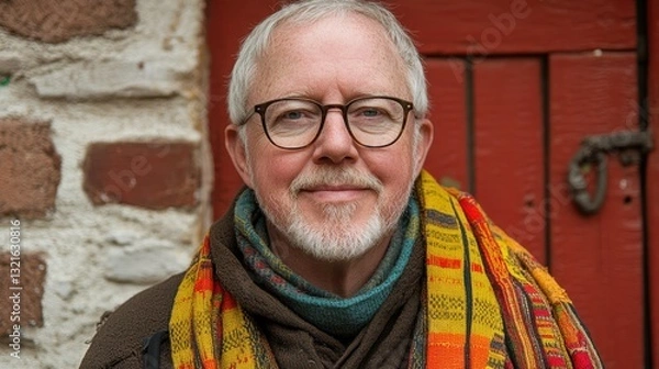 Fototapeta A smiling man wearing circular glasses and a vibrant scarf stands in front of a weathered red door. The warm colors of fall foliage surround this charming village scene