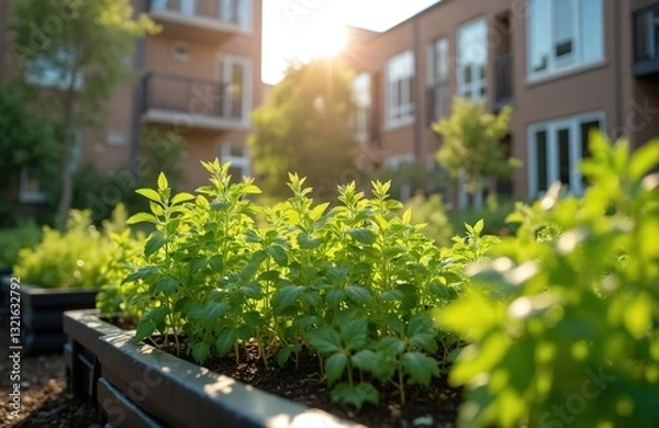 Fototapeta Shared herb garden in housing community with herbs thriving under sun, an inviting space. Plants in a modern backyard garden bed with wooden planters. Herbs grow, sunlight shines on foliage.
