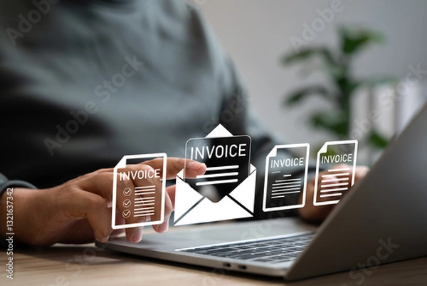Fototapeta E-Invoice and Digital billing concept, Businessman using laptop to manage electronic statements on virtual screen. E-tax, Digital receipt, Online invoice processing and tax accounting solutions.