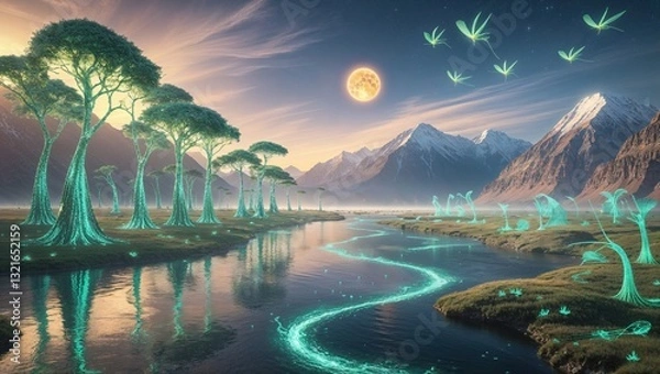 Fototapeta A magical landscape features luminescent trees lining a serene river. Majestic mountains rise in the background as a full moon casts an otherworldly glow over the scene