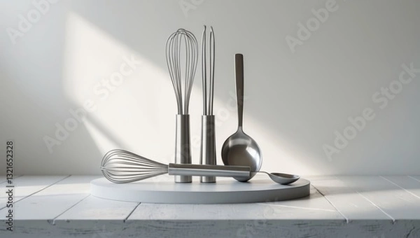 Fototapeta Kitchen utensils arranged on a pedestal in soft natural light, showcasing modern design and functionality