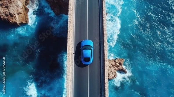 Fototapeta Aerial view of a vibrant blue car driving along a coastal road with crashing waves and rocky cliffs in the background