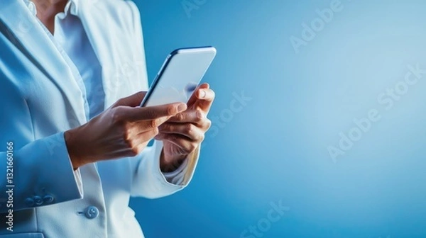 Obraz A confident person holding a smartphone against a clean blue gradient. 