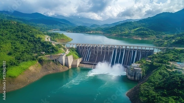 Fototapeta Aerial view of a large dam releasing water into a serene lake surrounded by lush green mountains under a cloudy sky