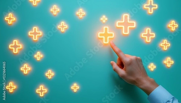 Obraz Hand Selecting Glowing Crosses on Blue Background
