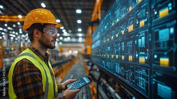Fototapeta Factory worker monitors data on screen, using tablet for analysis, ensuring quality control in the industrial environment.