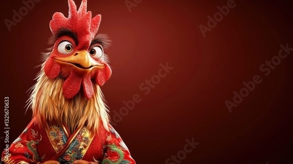 Fototapeta A Playful Rooster Character Dressed in Traditional Attire with a Bold and Vibrant Red Background