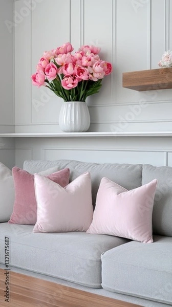 Fototapeta Bright daffodils arranged in a clear vase bring color to a modern living room featuring a comfy grey sofa and soft lighting