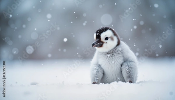 Obraz Little penguin chick playing in snowflakes, winter wonderland
