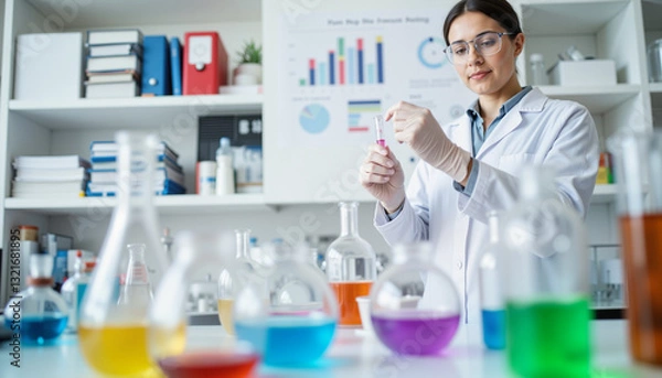 Fototapeta Scientist conducting experiments with test tubes in laboratory, scientific research