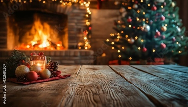 Fototapeta Christmas Decoration with Fireplace and Tree on Rustic Wooden Table