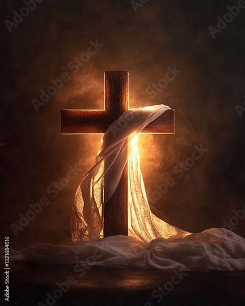 Fototapeta Glowing cross with white cloth symbolizing Holy Thursday in a serene setting