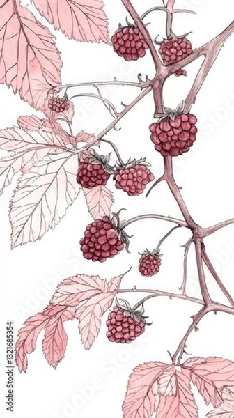 Obraz Delicate Watercolor Raspberry Branch with Intricate Leaves - A Beautiful Botanical Illustration