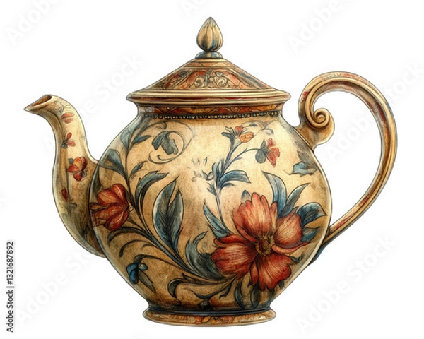 Fototapeta handcrafted ceramic teapot featuring intricate floral patterns, showcasing vibrant colors and detailed artistry. This elegant piece is perfect for tea lovers and collectors alike