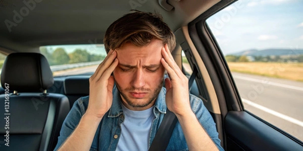 Fototapeta man with pained expression rubs his temples while driving on highway