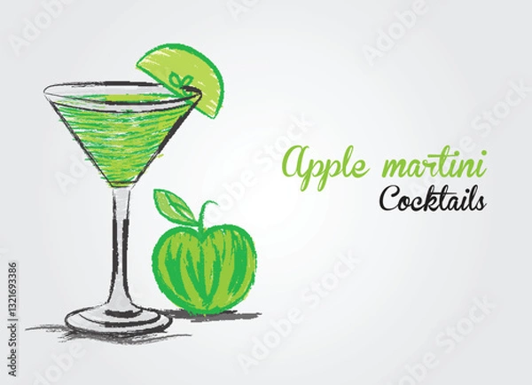 Obraz Apple martini cocktail vector illustration. Tropical summer drinks in glasses. Green cocktails with pineapple. apple martini cocktail drawing. food and drink. menu. brochure flyer. poster. banner.