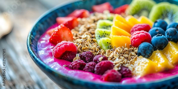 Obraz Healthy Smoothie Bowl with Fresh Fruits and Granola Toppings | Colorful Acai Bowl with Fresh Fruits and Granola for Breakfast | Delicious and Nutritious Smoothie Bowl with Fresh Berries and Kiwi

