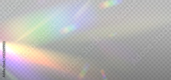 Fototapeta Iridescent crystal leak glare reflection effect. Optical rainbow ray lights, glare, leak, streak overlay. Vector colorful lenses and light flares with transparent effects on light background.