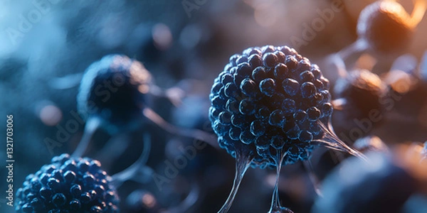 Obraz Microscopic View of Cancer Cells in Blue and Orange Colors | Close-up of Cancerous Cells Under Microscope in Scientific Art | Scientific Illustration of Cancer Cells in Blue and Orange

