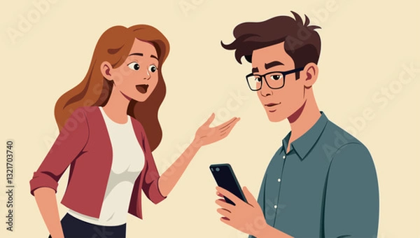 Fototapeta Woman trying to get the attention of a man engrossed in his smartphone, highlighting modern social dynamics
