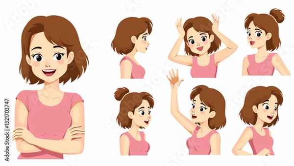 Fototapeta Woman expressing range of emotions through facial expressions and body language