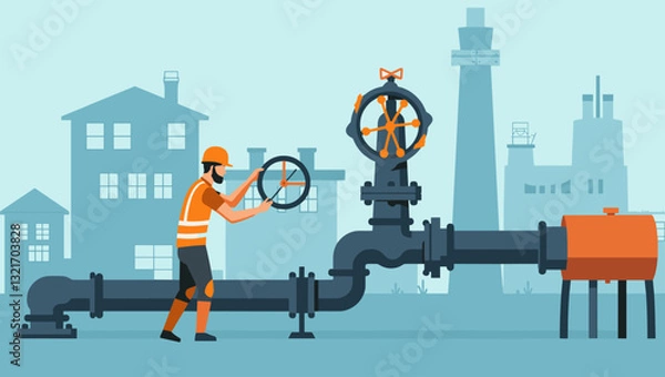 Fototapeta Worker Turning Off Valve on Industrial Gas Pipeline for Safety