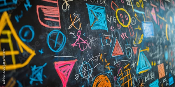 Obraz Colorful Chalkboard with Abstract Geometric Shapes and Doodles | Creative Chalkboard with Vibrant Colorful Chalk Drawings | Educational Chalkboard Background with Geometric and Artistic Shapes

