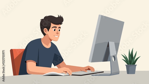 Fototapeta Young Man Studying Online on Desktop Computer