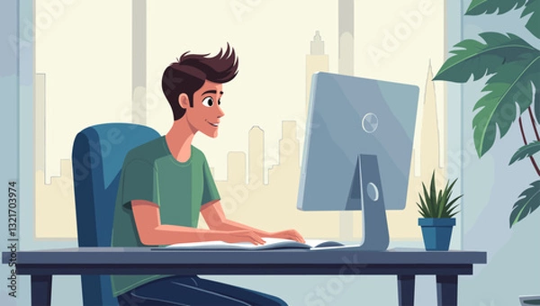 Fototapeta Young Man Studying Online on Desktop Computer