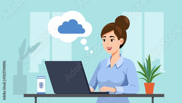 Fototapeta Young Professional Woman Working Remotely with Cloud Computing Technology