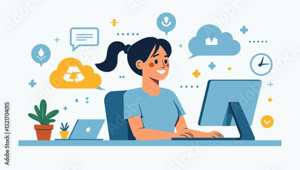 Fototapeta Young Professional Woman Working Remotely with Cloud Computing Technology