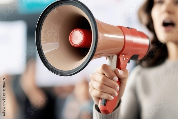 Fototapeta women’s day social justice Person using a megaphone to speak out in a crowd.
