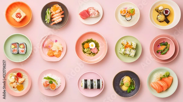 Fototapeta Assorted Colorful Sushi and Japanese Dishes on Pink Background