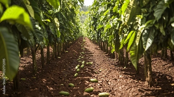 Fototapeta Aerial View of Cocoa Tree Plantation in Symmetrical Rows Captured from Above