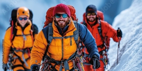 Fototapeta Group of mountaineers navigating a narrow ridge towards the summit in breathtaking alpine terrain