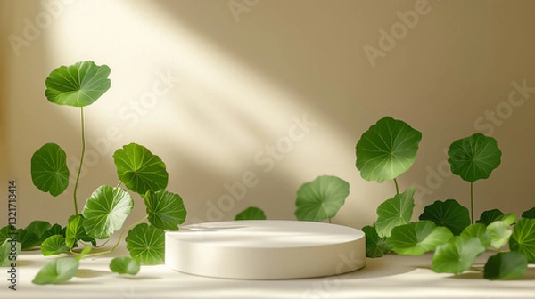 Fototapeta White circular podium surrounded by a Centella Asiatica on a soft beige background.