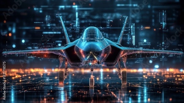 Obraz Futuristic stealth fighter jet on digital runway.
