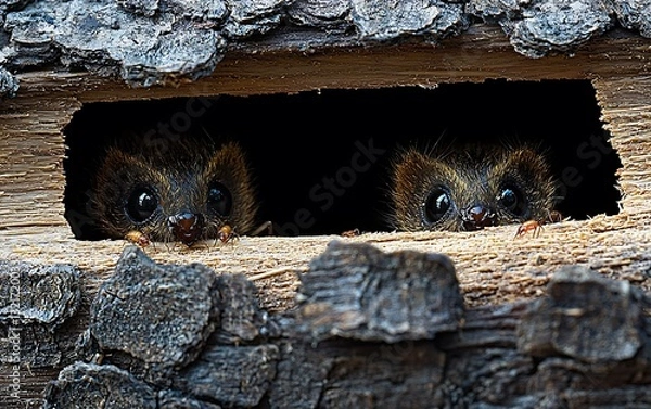 Obraz Two Curious Animals Peeking from Tree Trunk