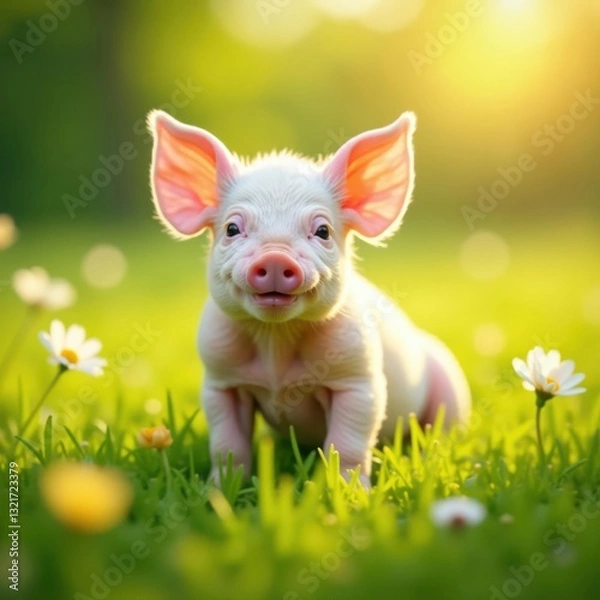 Fototapeta Playful piglet basking in sunlit flower meadow , stock photo, sunny day, summer