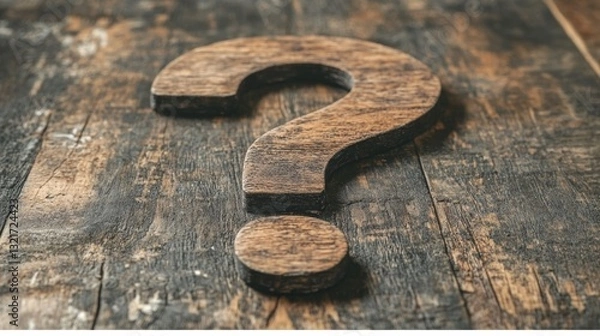 Fototapeta Unique wooden question mark on rustic table represents uncertainty and intrigue in a casual setting
