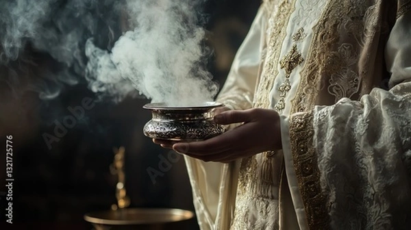 Fototapeta Close-up of an altar server holding a silver censer with incense smoke rising during Holy Thursday services