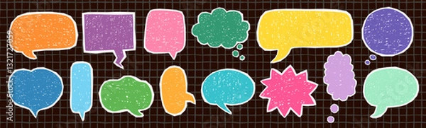 Fototapeta Hand drawn colorful doodle speech bubbles with texture, oval, star, rectangular and heart shaped, graphic design elements