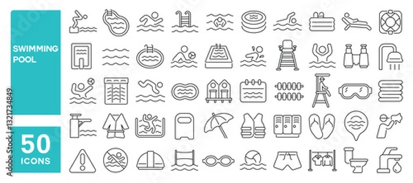 Fototapeta Set of 50 line icons related to swimming pool, pool, swim, pool ladder, sport, swimmer, summer, athletic, water, swimming, Editable stroke. Vector illustration