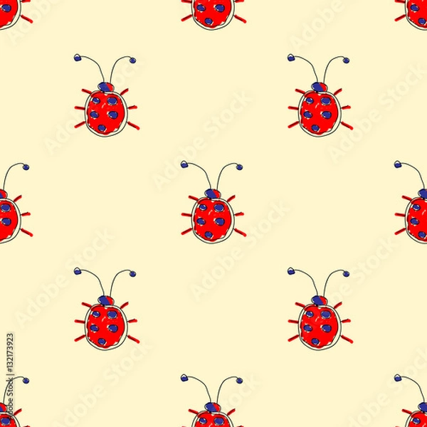 Fototapeta Seamless vector pattern with insect. Cute hand drawn endless background with childish ladybugs. 
