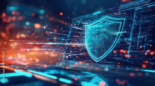 Fototapeta A modern cybersecurity insurance concept with a secure shield overlaying a monitor and digital data streams.