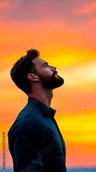 Fototapeta A man with a beard gazes upward against a vibrant sunset, reflecting tranquility and introspection.