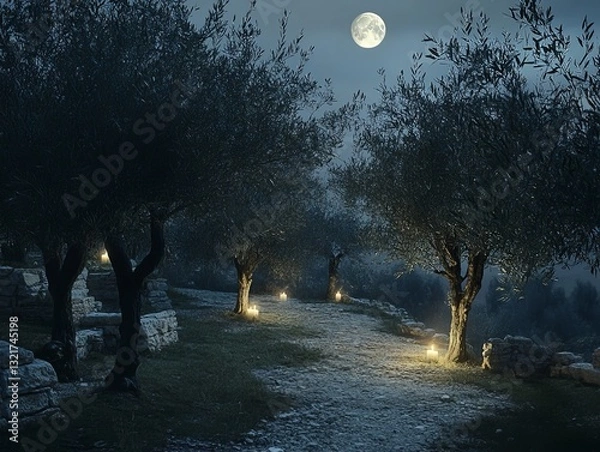 Fototapeta Moonlit garden with olive trees and candlelight creating a serene atmosphere for Holy Thursday reflection