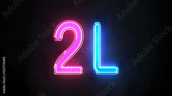 Fototapeta Pink and Blue Neon 2L Sign on a Dark Textured Background